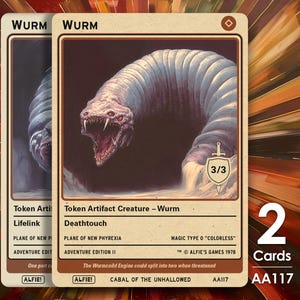 May include: Two Magic: The Gathering cards featuring a white and grey worm creature with red eyes and a sharp mouth. The card on the left is titled "Wurm" and has the text "Lifelink" and "Token Artifact". The card on the right is titled "Wurm" and has the text "Deathtouch" and "Token Artifact Creature - Wurm". The card on the right also has the text "PLANE OF NEW PHYREXIA", "ADVENTURE EDITION II", "MAGIC TYPE O "COLORLESS"", "ALFIE'S GAMES 1978", "The Warmcoild Engine could split into two when threatened", "CABAL OF THE UNHALLOWED", and "AA117".