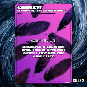May include: A trading card with a purple background featuring black feathers. The card reads "EMBLEM SEPHIROTH. ONE-WINGED ANGEL" and includes text in English and Japanese. The card's bottom right corner has the number "SK462".