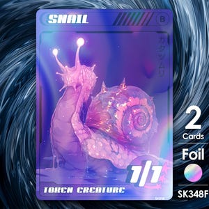 May include: A holographic card featuring a stylized snail illustration. The card has the word "SNAIL" at the top, with the text "TOKEN CREATURE" at the bottom. The card also displays "1/1" and "2 Cards Foil" with the code "SK348F".