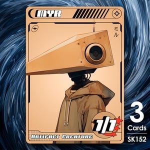 May include: A beige and brown robot with a large, round speaker on its head. The robot is wearing a brown hooded jacket. The card is titled "MYR" and has the text "Artifact Creature" and "1/1" on it. The card also has the number "3" and the text "Cards SK152" on it.