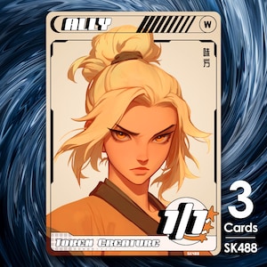 Op de afbeelding: Ruilkaart met een gestileerde illustratie van een vrouw met blond haar in een knot. De kaart heeft het woord "ALLY" bovenaan, de tekst "TORCH CREATURE" onderaan en het nummer "1/1" in het midden. De kaart is gelabeld "SK488" en bevat de tekst "3 Cards".