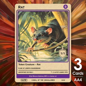 May include: A collectible card featuring a black rat illustration in a swamp setting. The card reads "RAT" at the top, with "Token Creature - Rat" and "ADVENTURE EDITION II" text. The card also displays "1/1" and the number "3 Cards".