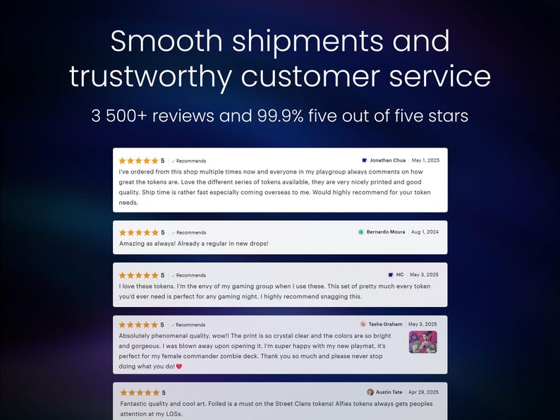 Puede incluir: Imagen que muestra rese&ntilde;as de clientes sobre un fondo degradado azul oscuro. El texto dice: "Env&iacute;os fluidos y servicio al cliente confiable." Incluye calificaciones de 5 estrellas y comentarios positivos sobre la calidad y el env&iacute;o.
