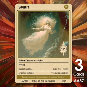 Może przedstawiać: Karta kolekcjonerska przedstawiająca widmową postać z długimi białymi włosami i białą suknią, oznaczona jako "Spirit". Karta zawiera tekst, taki jak "Token Creature - Spirit" i "Flying". Karta pochodzi z edycji "Adventure Edition II" i ma moc/wytrzymałość "1/1".