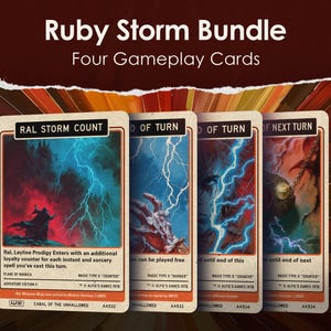 May include: The image displays four gameplay cards from the "Ruby Storm Bundle." Each card features a unique illustration with lightning and fantasy elements. The cards have text such as "RAL STORM COUNT" and "END OF TURN."