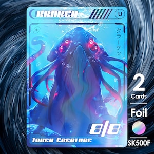 May include: A blue trading card with a kraken illustration, red glowing eyes, and tentacles. The card has Japanese text, the number 8/8, and the words "Torch Creature". The card is foil and includes the text "2 Cards".
