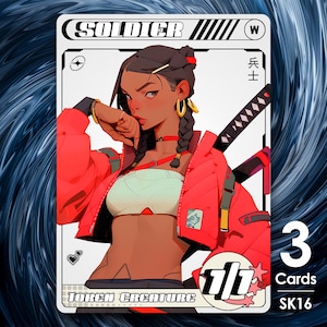 May include: Trading card featuring a stylized illustration of a woman in a red jacket and a sword. The card has the word "SOLDIER" at the top and "TORCH CREATURE" at the bottom. The card also has the number "1/1" and the text "3 Cards SK16".