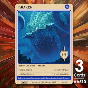 May include: A collectible card with a blue Kraken illustration. The card has the word "KRAKEN" at the top, with "8/8" and other details. It's part of the "Adventure Edition II" set, with "3 Cards" visible.