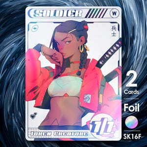 May include: A holographic trading card featuring a female character with a red jacket, white crop top, and braided hair. The card is labeled "SOLDIER" and has a power level of "1/1". The card is marked "Foil" and has a holographic finish.