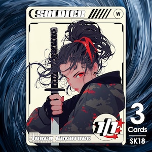 May include: Trading card featuring a female anime-style character holding a katana. The card is labeled "SOLDIER" and "TOKEN CREATURE". The character has black hair with a red ribbon, red eyes, and is wearing a camouflage jacket. The card is marked 1/1 and includes "3 Cards" text.