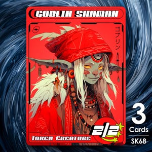 Op de afbeelding: Een rode en witte goblin-sjamanenkaart met de tekst "Goblin Shaman" en "Token Creature" erop. De kaart heeft een kracht en uithoudingsvermogen van 2/2 en een rood sterrensymbool. De kaart maakt deel uit van een set van 3 kaarten.