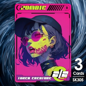 Może przedstawiać: Różowa i żółta karta kolekcjonerska z kreskówkową ilustracją kobiety zombie w czarnej czapce bejsbolowej i różowych okularach przeciwsłonecznych. Karta zawiera tekst "Zombie" i "Token Creature". Karta zawiera również numer "2/2" i numer "3" z tekstem "Karty" i "SK305".