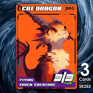 May include: A trading card featuring a cartoon cat dragon with orange, white, and gray fur. The card is orange with black text that reads "CAT DRAGON (BRG)". The card also has a purple and green symbol with the number "3/3" and the text "FLYING TOKEN CREATURE". The bottom right corner of the card has the text "3 Cards SK253".