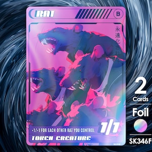 May include: A holographic trading card featuring a purple and pink background with an illustration of three rats. The card is titled "RAT" and has a power and toughness of 1/1. The card text reads "-1/-1 for each other rat you control. Token Creature."