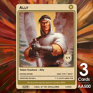 Op de afbeelding: Een ruilkaart met een illustratie van een krijger met een zwaard, met het label "ALLY". De kaart maakt deel uit van de set "Adventure Edition II" en bevat de tekst "Token Creature - Ally" en "MAGIC TYPE 1 'WHITE'". De kaart is gemarkeerd met 1/1 en bevat de tekst "3 Cards AA500".