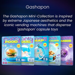Puede incluir: Imagen de la colecci&oacute;n Gashapon Mini, inspirada en la est&eacute;tica japonesa. Presenta cinco dise&ntilde;os de juguetes en c&aacute;psulas con colores vibrantes y texto japon&eacute;s. Cada dise&ntilde;o se muestra sobre un fondo azul claro.