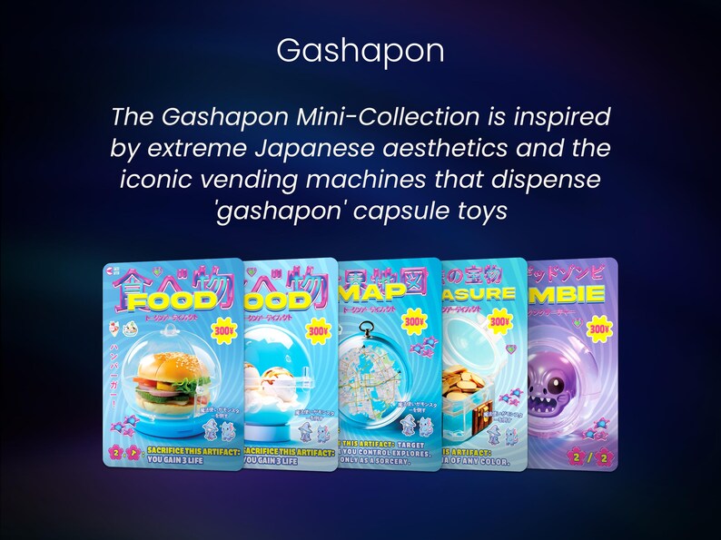 Puede incluir: Imagen de la colecci&oacute;n Gashapon Mini, inspirada en la est&eacute;tica japonesa. Presenta cinco dise&ntilde;os de juguetes en c&aacute;psulas con colores vibrantes y texto japon&eacute;s. Cada dise&ntilde;o se muestra sobre un fondo azul claro.