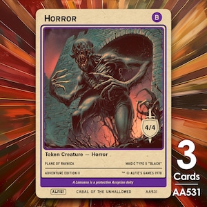 May include: A trading card depicting a monstrous creature, labelled "HORROR." The card has a purple border and includes the text "Token Creature - Horror" and "4/4." It is part of the "Adventure Edition II" set, with "3 Cards" visible.