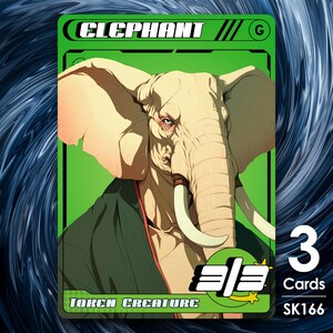 May include: A green card with a white elephant illustration. The card has the text "ELEPHANT" in white letters and "TOKEN CREATURE" in black letters. The card also has the number "3" in white letters and the text "Cards" in black letters. The card has the number "SK166" in black letters.