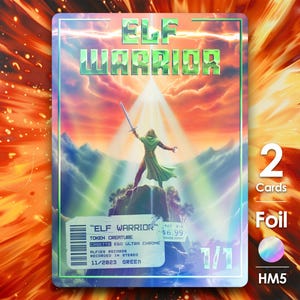 Puede incluir: Una carta de intercambio holográfica con una ilustración de un guerrero elfo sosteniendo una espada, de pie en la cima de una montaña con una puesta de sol en el fondo. La carta se titula "ELF WARRIOR" y tiene un acabado en foil. El número de la carta es 1/1 y el texto "2 Cartas" es visible en la esquina inferior derecha.