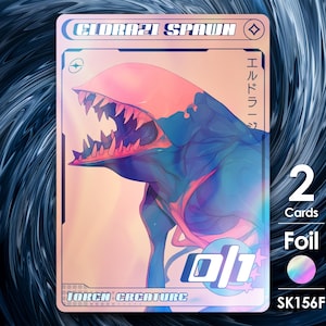 Pode incluir: Um cartão de negociação holográfico com uma criatura Eldrazi Spawn rosa e azul com dentes afiados e uma grande boca. O cartão é rotulado como "Eldrazi Spawn" e "Criatura ficha". O cartão é de folha e tem um acabamento holográfico.