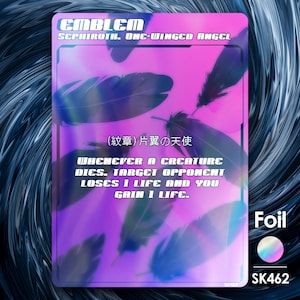 May include: A trading card with a purple and pink background, featuring feather illustrations. The card reads "EMBLEM, Sephiroth, One-Winged Angel" and includes game text. The card has a foil finish and the code SK462.