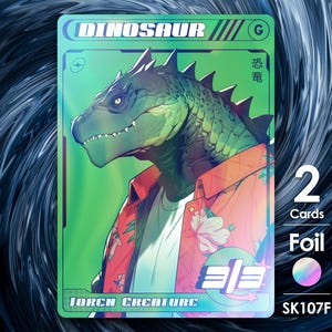 以下が含まれることがあります： 緑と青のホログラフィックトレーディングカード。赤い白のハワイアンシャツを着た漫画の恐竜が描かれている。カードには「Dinosaur」と「Torch Creature」と書かれている。カードはホログラフィック仕上げの箔カード。カードは2枚セットの一部である。