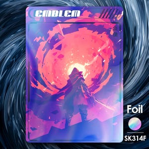 May include: A holographic card with a purple, pink, and blue background. A hooded figure stands in the center of a swirling vortex of color. The card has the word "EMBLEM" printed in white at the top and "Foil" printed in white at the bottom. The card also has a holographic foil sticker with the code "SK314F" printed on it.