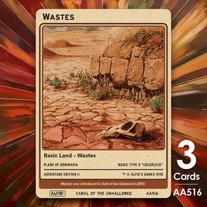 May include: A trading card featuring a desert landscape with a skull. The card is labeled "Wastes" and includes text such as "Basic Land" and "Adventure Edition II." The card is part of a set of three cards.