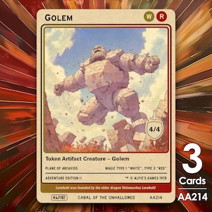 May include: A trading card featuring a stone golem illustration. The card has a beige background with the word "GOLEM" at the top. The golem is depicted in mid-air, with a 4/4 power and toughness rating. The card also includes text about the creature's type and edition.