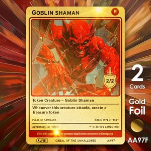 Op de afbeelding: Een gouden folie Goblin Shaman kaart met een rode goblin illustratie, een 2/2 rating en tekst die luidt: "Whenever this creature attacks, create a Treasure token". De kaart komt uit de Adventure Edition II set.