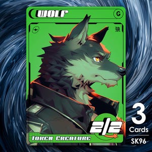 Puede incluir: Una carta de juego verde y negra con una ilustración de un personaje lobo. La carta se titula "Lobo" e incluye el texto "Criatura ficha" y "3 Cartas". La carta es del juego "2/2".