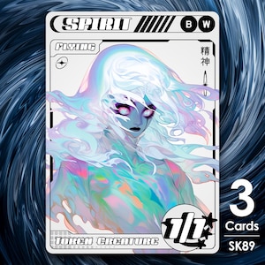 Puede incluir: Una carta de juego de estilo fantástico blanca y azul con una criatura espiritual femenina. La carta tiene el texto "Spirit", "Flying", "Token Creature", "BW", "精神", "3 Cards", y "SK89".
