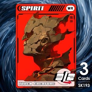 Può includere: Una carta da gioco rossa e bianca con una creatura di pietra su uno sfondo rosso. La carta ha il testo "SPIRIT" in un riquadro nero in alto, "WR" in un riquadro bianco e "TOKEN CREATURE" in un riquadro bianco in basso. La carta mostra anche il numero "3" in un riquadro bianco e il testo "Cards" sotto. La carta ha il numero "SK193" in un riquadro bianco in basso a destra.
