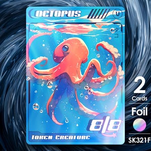 May include: A trading card depicting an orange octopus in blue water. The card is labelled "OCTOPUS" and "TORCH CREATURE". It also states "2 Cards" and "Foil". The card has a holographic effect.