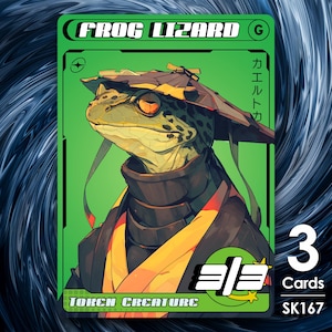 Könnte beinhalten: Eine grüne und gelbe Sammelkarte mit einem Cartoon-Frosch, der einen Hut und eine schwarze und gelbe Robe trägt. Die Karte trägt den Titel "Frog Lizard" und die Nummer "3". Die Karte ist mit "Token Creature" beschriftet und trägt die Nummer "SK167".