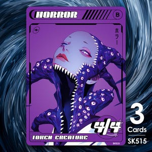 May include: A purple trading card with the word "HORROR" at the top. The card features an illustration of a creature with a human face and tentacles. The text "TORCH CREATURE" is at the bottom, with "4/4" and "3 Cards" displayed.