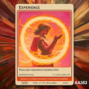 Könnte beinhalten: Eine Karte im Vintage-Stil mit dem Wort "EXPERIENCE" oben. Die Karte zeigt eine Person in einem roten Umhang in einem leuchtenden gelben Ring. Der Text unten lautet "Place your experience counters here" und "ADVENTURE EDITION II". Die Karte trägt die Bezeichnung "CABAL OF THE UNHALLOWED".