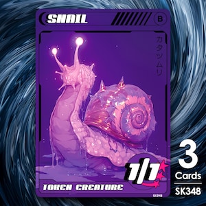 May include: A purple and pink snail card with the text "SNAIL" and "TOKEN CREATURE" on it. The card has a power and toughness of 1/1 and a cost of 3 cards. The card is from the set SK348.