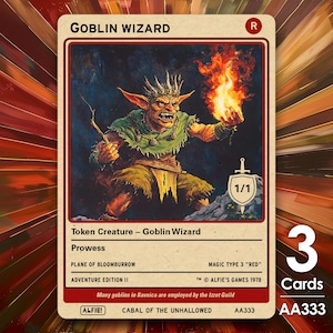 May include: A trading card featuring a Goblin Wizard with a fiery hand. The card is labeled "Token Creature" and includes the text "Prowess" and "Adventure Edition II." The card is one of three, with a 1/1 rating.