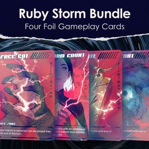 May include: The image showcases a "Ruby Storm Bundle" of four foil gameplay cards. Each card features unique artwork with a red and purple color scheme, and Japanese text. The cards depict various illustrations, including a hand with lightning, a woman, and a swirling eye.