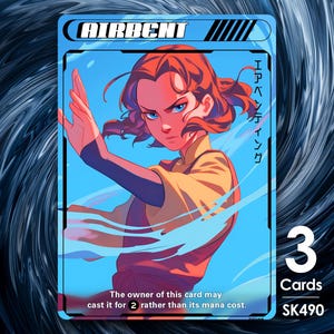 Op de afbeelding: Een ruilkaart met een gestileerde illustratie van een vrouw met rood haar en blauwe ogen, tegen een blauwe achtergrond. De kaart heeft de tekst "AIRBENT" en Japanse karakters. De kaart toont ook "3 kaarten" en "SK490".