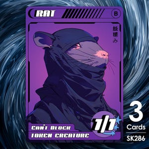 May include: A purple trading card with a black and white illustration of a rat wearing a black hooded cloak. The card is titled "RAT" and has the text "Can't Block" and "Token Creature" at the bottom. The card has a power and toughness of 1/1 and a number 3 in the top right corner.