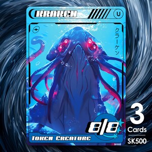 May include: A blue trading card with a kraken illustration, red glowing eyes, and tentacles. The card has the text "KRAKEN", "TORCH CREATURE", and "8/8". The card is part of a set of 3 cards.
