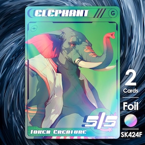 May include: A trading card with an illustration of an elephant in a futuristic style. The card is labelled "ELEPHANT" at the top and "TORCH CREATURE" at the bottom. It also shows "2 Cards", "Foil", and "5/5" with a holographic circle.