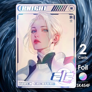 May include: A trading card with a portrait of a woman with white hair and blue eyes, in armour. The card is labelled "KNIGHT" and "TORCH CREATURE". It includes the text "2 Cards" and "Foil".