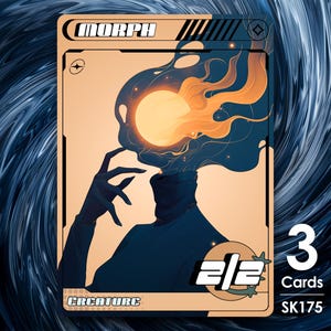 May include: A fantasy creature card with a dark blue and orange illustration of a figure with a flaming head. The card is labeled "MORPH" and has a 2/2 power and toughness rating. The card is numbered "SK175" and is one of three cards in the set.