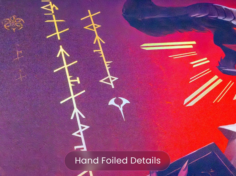 May include: Close-up of a purple and red artwork with gold and white foil details. The image features stylized symbols and the text "Hand Foiled Details" in a red oval.