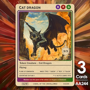 May include: A black and green fantasy trading card featuring a black cat dragon with wings, flying over a rocky landscape. The card is titled "Cat Dragon" and has a power and toughness of 3/3. The card is from the "Cabal of the Unhallowed" set.
