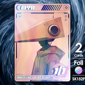 May include: A holographic trading card featuring a robot with a large, rectangular head and a single eye. The card is titled "MYR" and has a power and toughness of 1/1. The card is labeled "Artifact Creature" and has a foil finish.